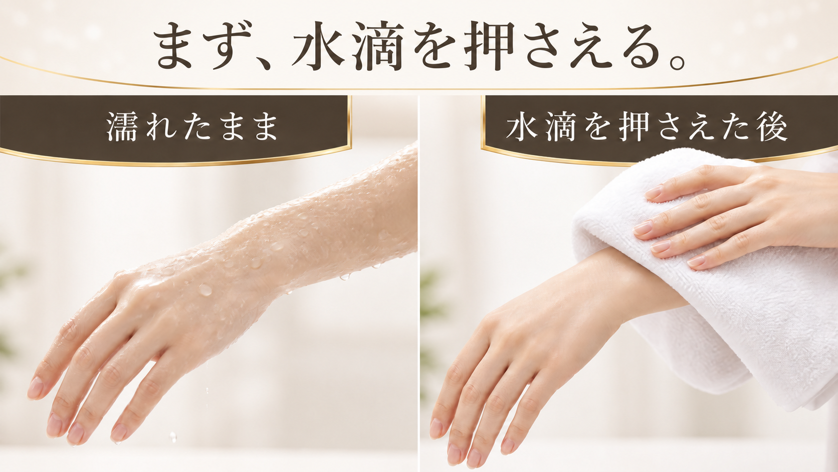濡れたままの手とタオルで水滴を押さえた後を比べる図