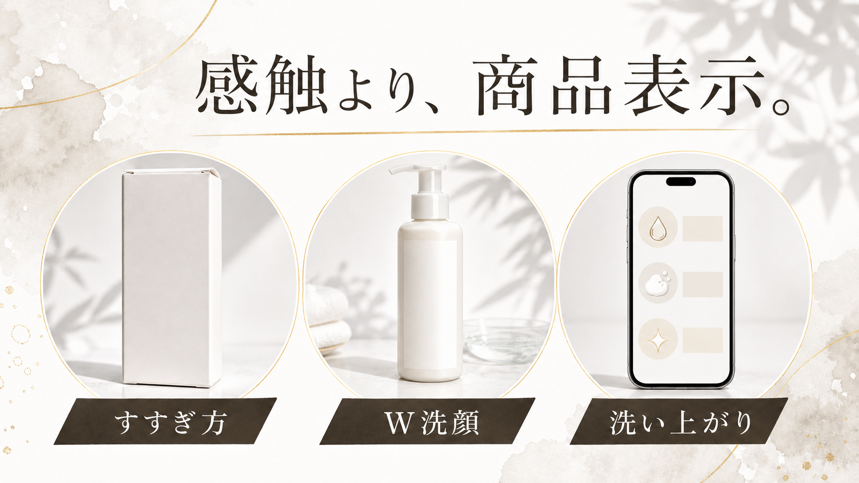 すすぎ方・W洗顔・洗い上がりを商品表示で確認する編集図解