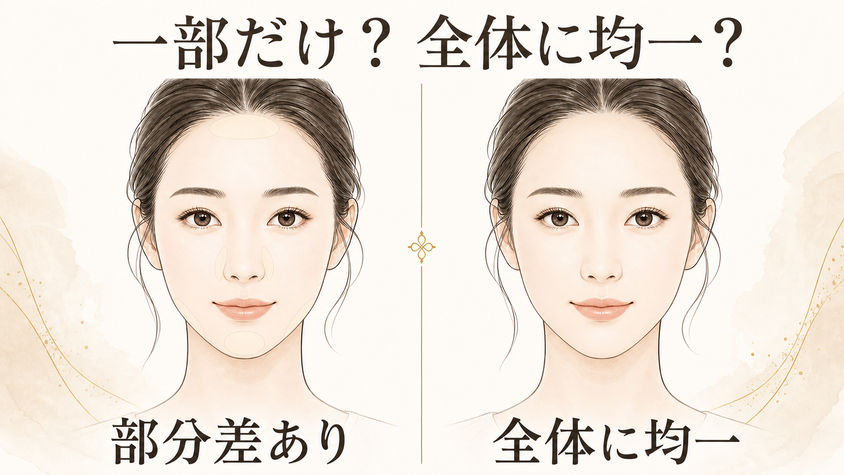 部分的なすすぎ残しと全体に均一な洗い上がりを比べる顔の図