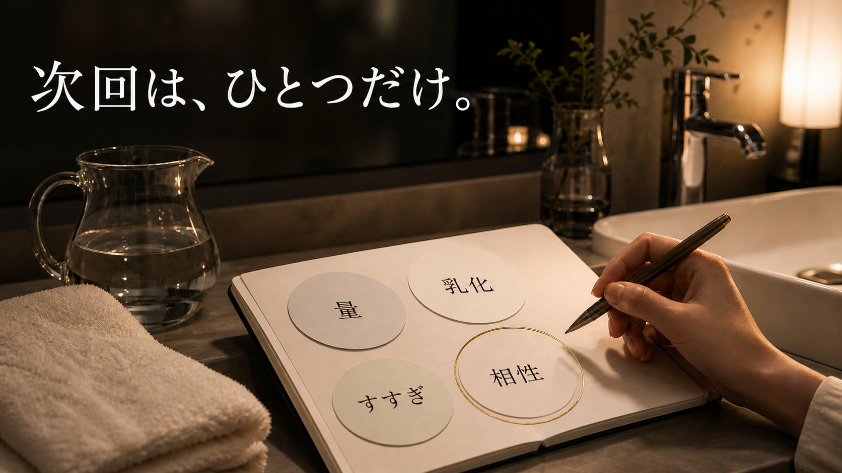 使用量・乳化・すすぎ・相性から次回に一項目だけ返す洗面台の記録