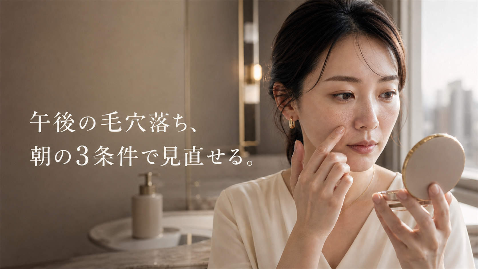 午後の鏡で鼻横から頬のファンデーションの毛穴落ちを確認する30代女性