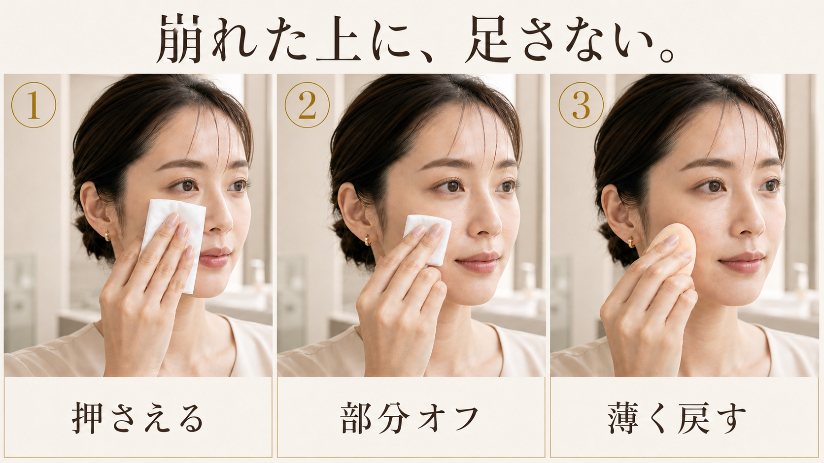 ティッシュで押さえる・崩れた部分だけオフする・ファンデーションを薄く戻す3工程