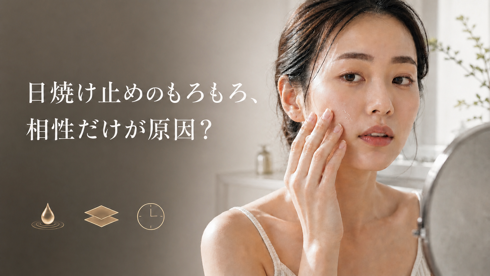 日焼け止めを塗った頬にもろもろが出て手を止める30代女性