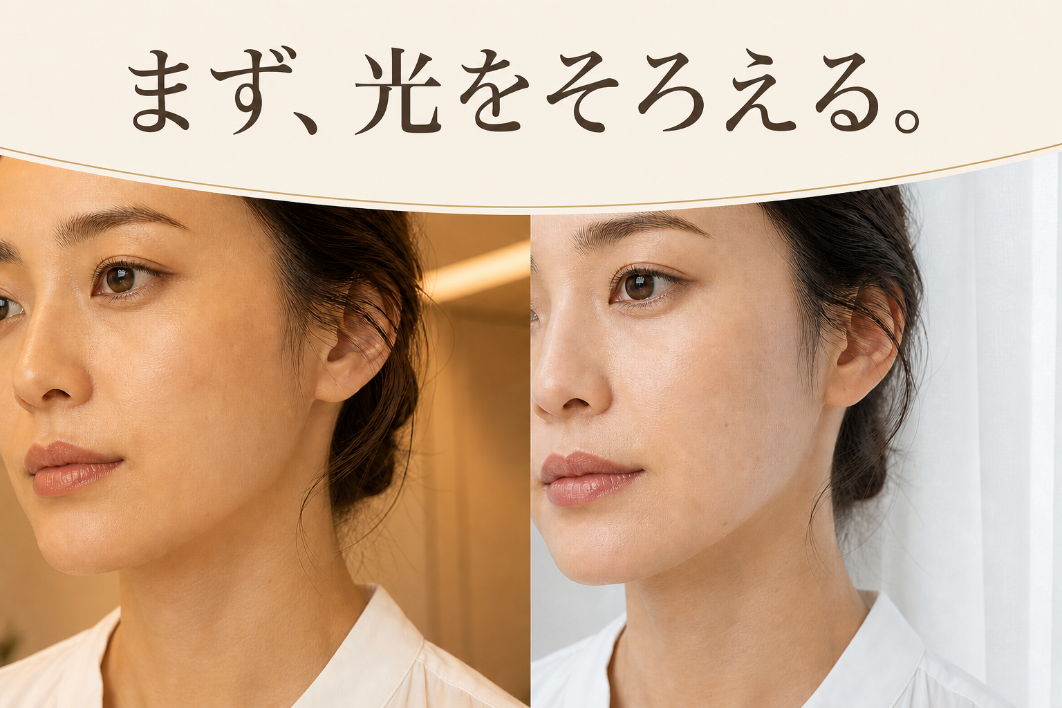同じ女性の頬を暖色のオフィス照明と窓際の中立的な光で見比べる美容写真