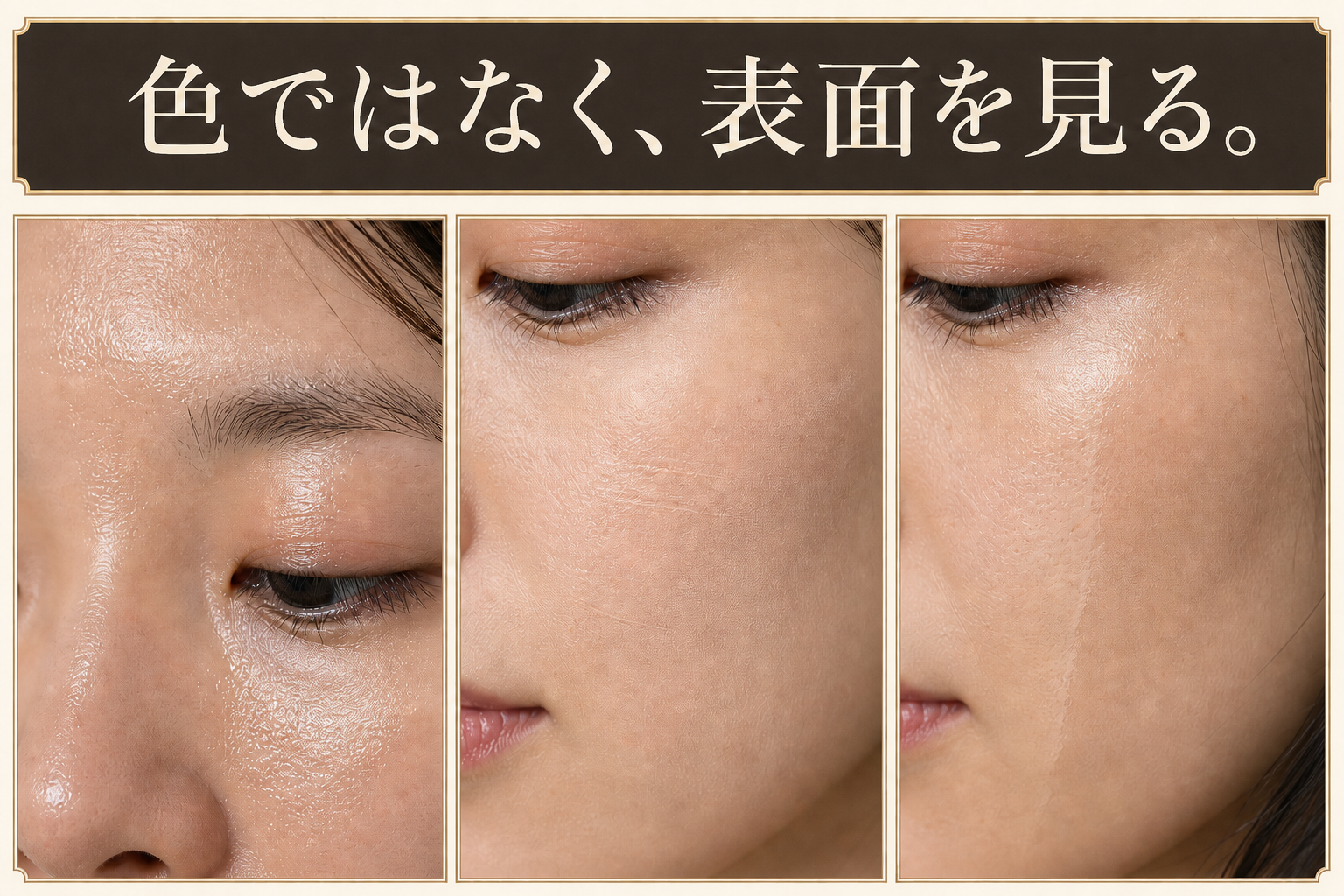 テカりと移り・粉っぽさと細かな割れ・ファンデーションの筋や色むらを比べる3つの肌表面接写