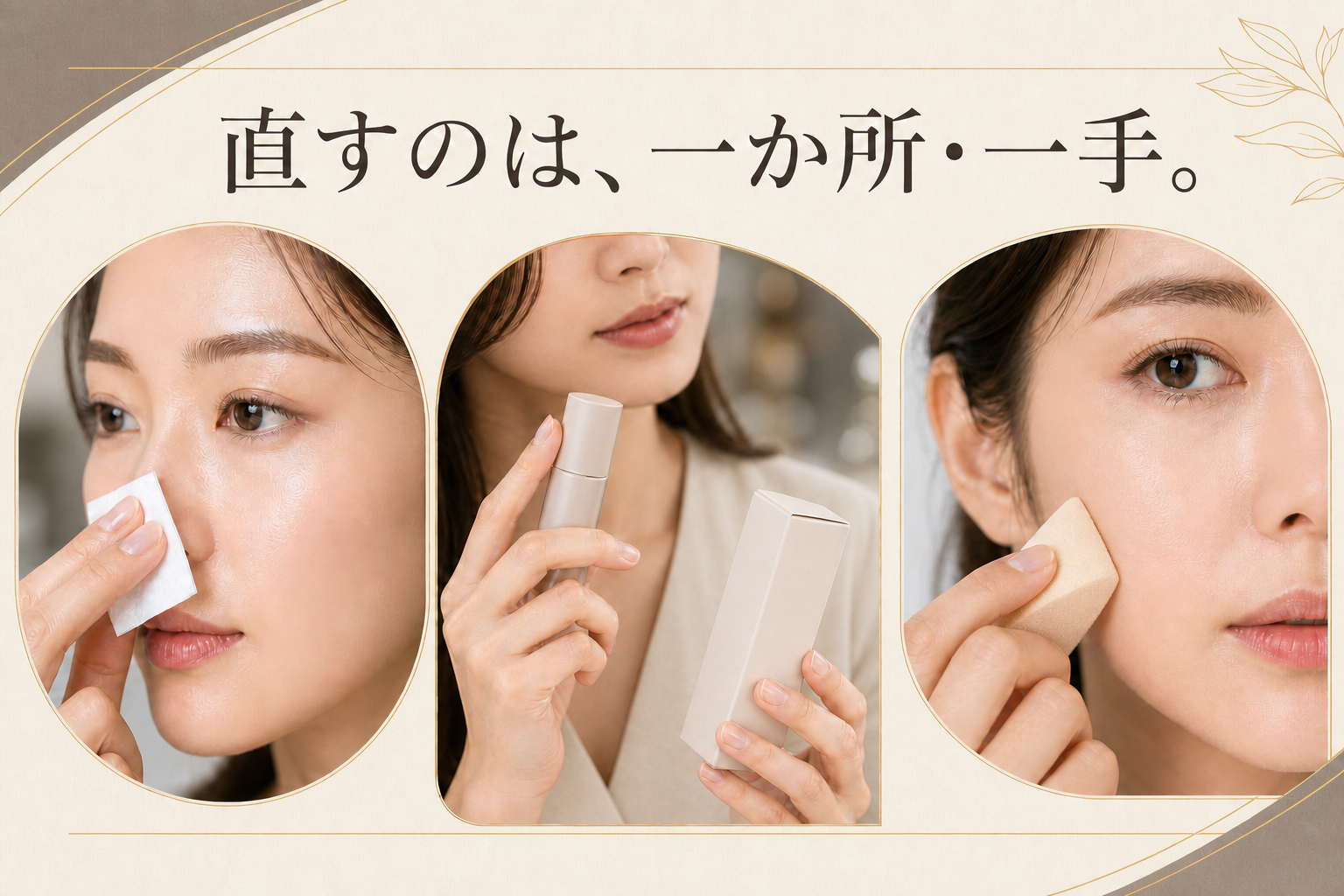 余分な皮脂を押さえる・乾燥部位へ表示に合う部分保湿・色むらの境目を薄く戻す3つの化粧直し動作