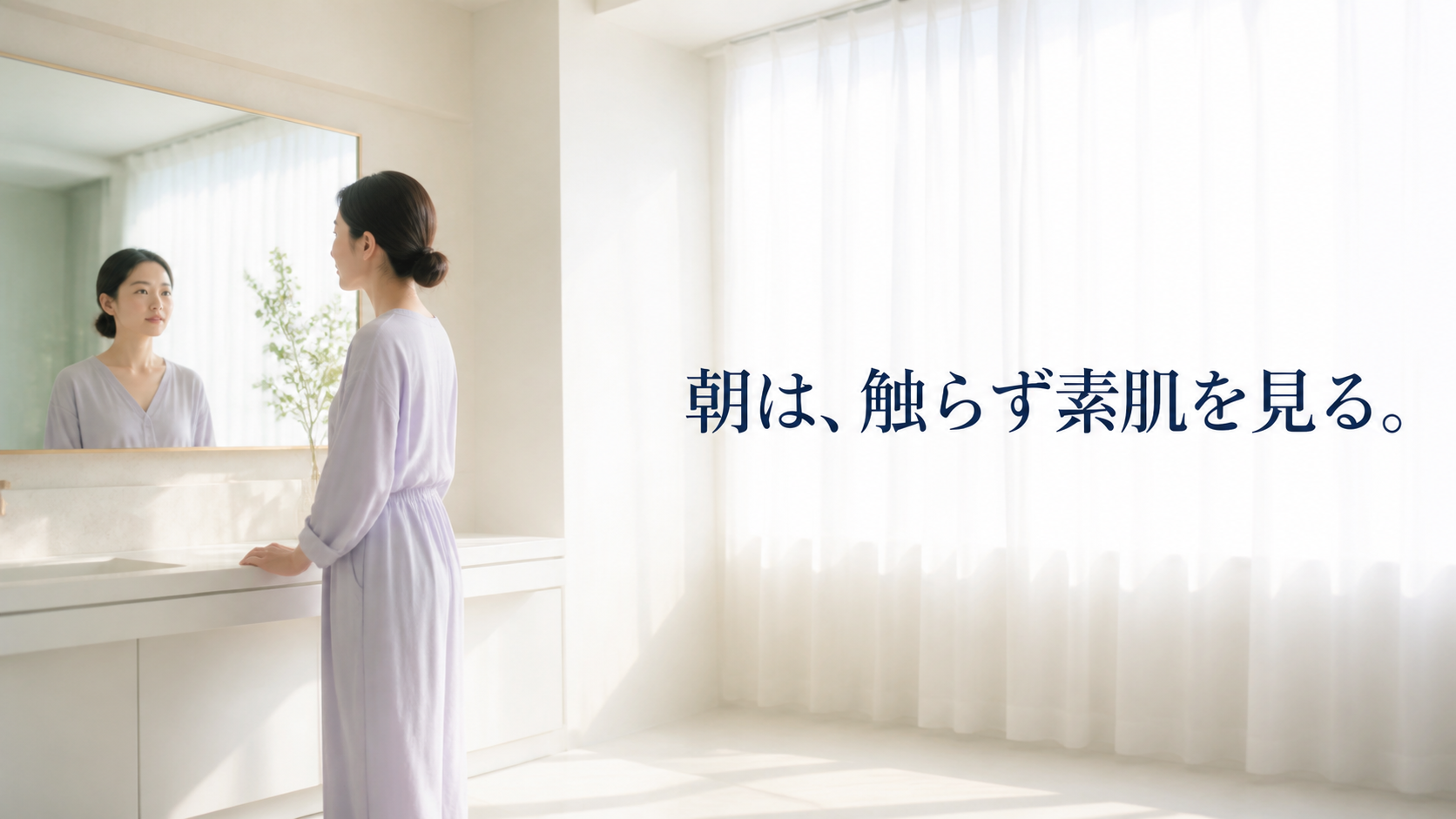朝の自然光で頬へ触れず、ファンデーション前の素肌を少し離れた鏡で確認する30代女性