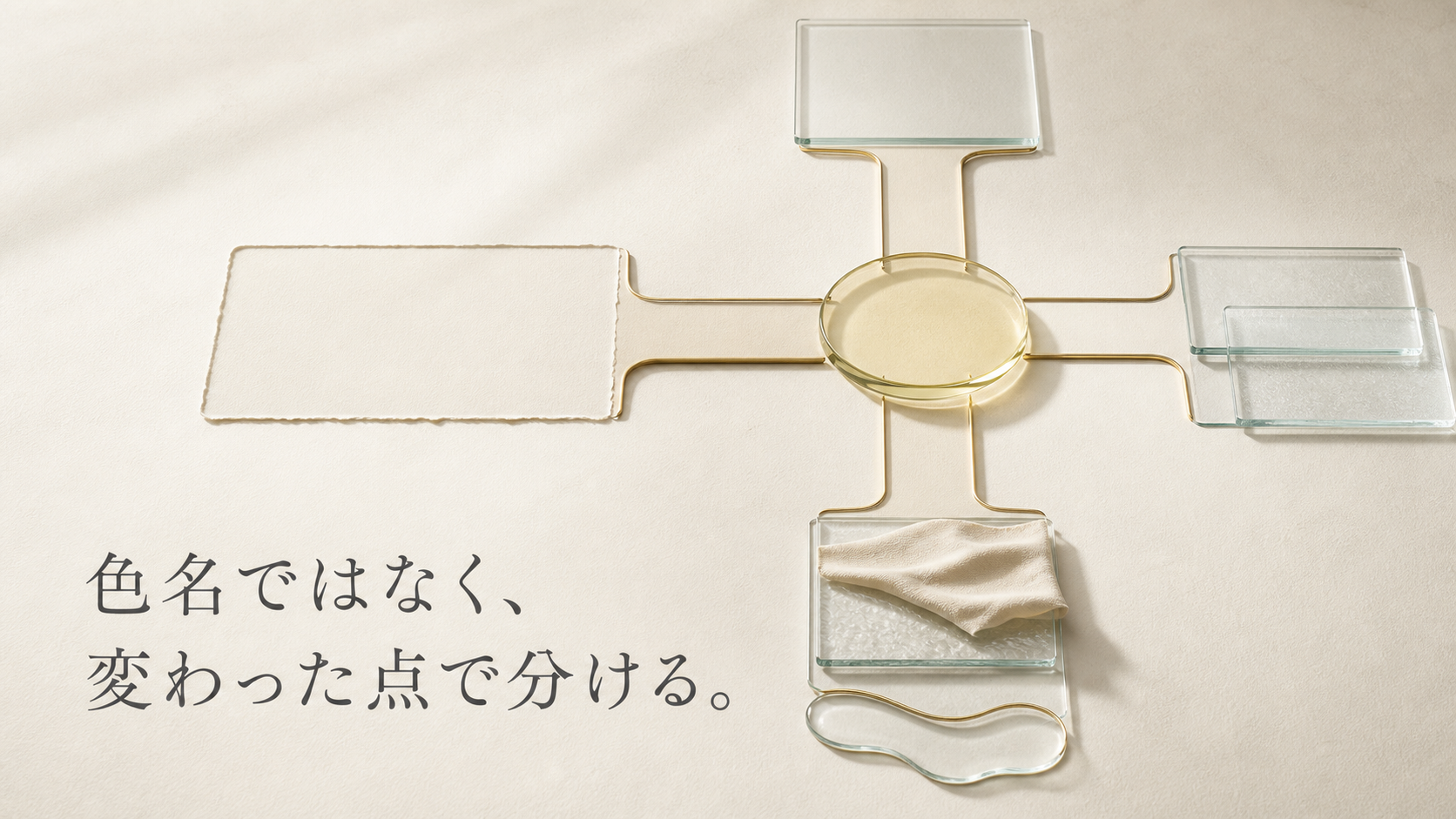 中央の淡黄色ガラス円盤から、差分なし、色変化、複数変化、基準なしを示す四つの素材面へ広がる高級立体図