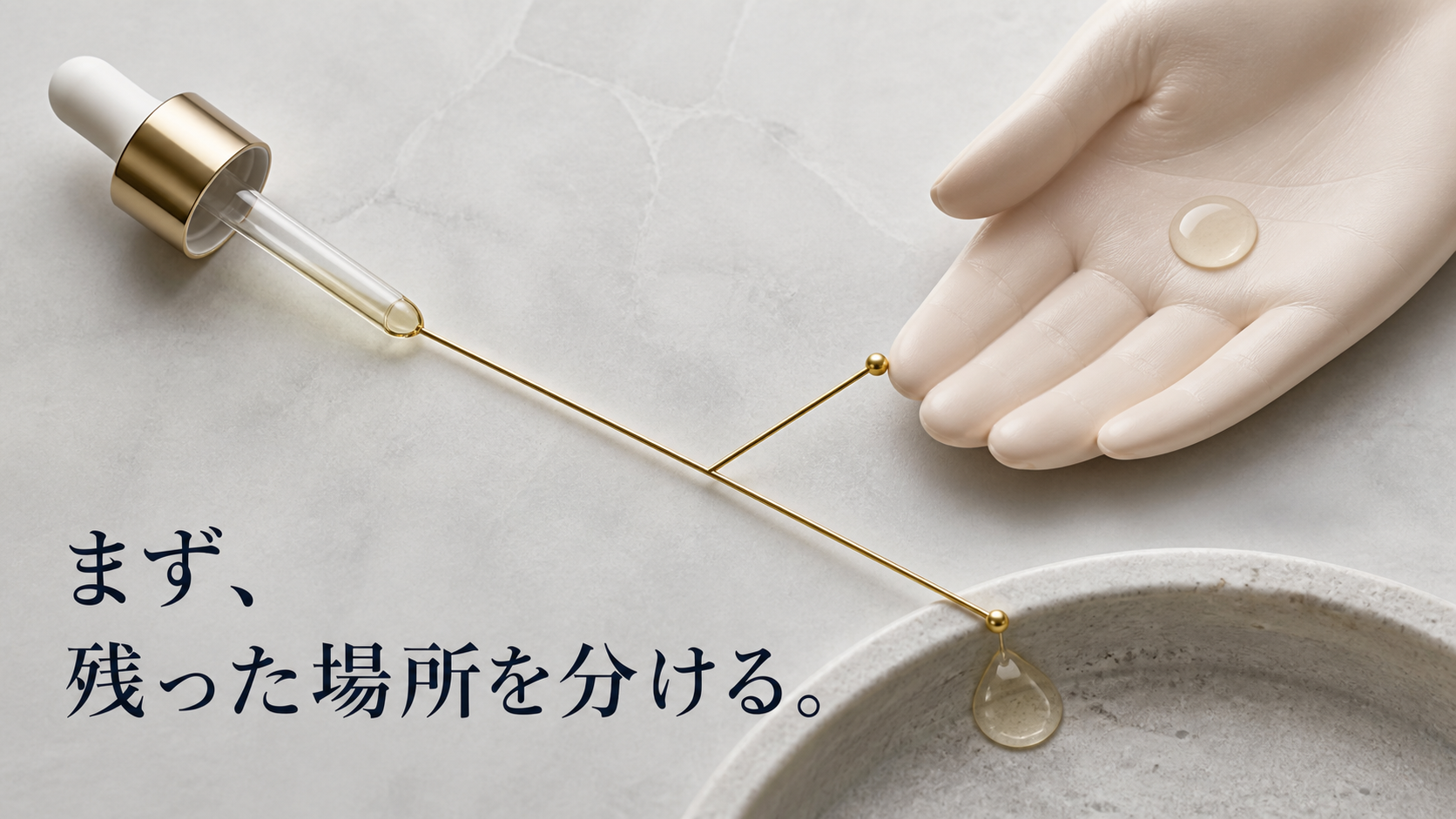 スポイト管内、清潔な手のひら、洗面台の縁という三つの残液地点を素材で示す真上の編集図
