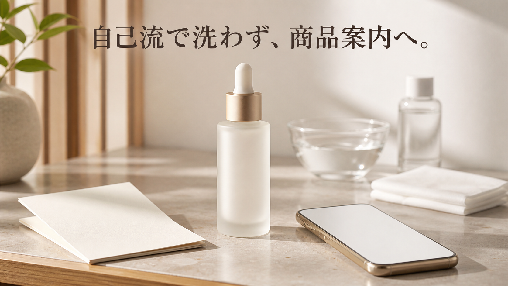 閉じた無地ボトルとスポイト、離して置いた水・アルコール・ティッシュ、取扱紙とスマートフォンの静物