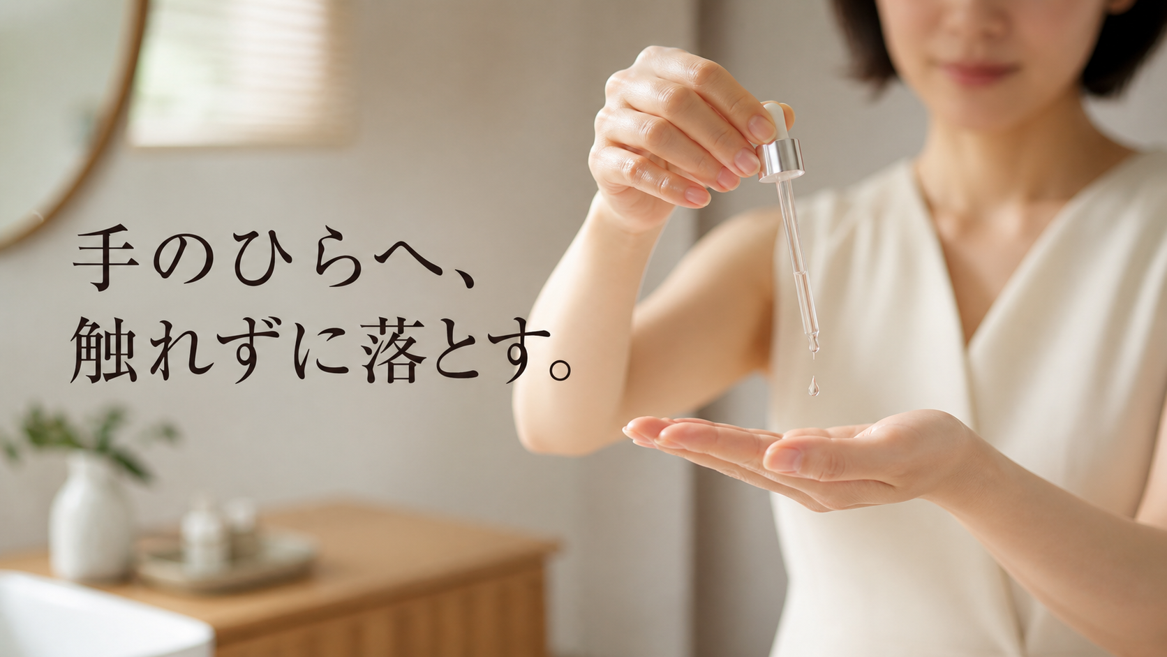 自然光の洗面空間でスポイト先端を触れさせず、清潔な手のひらへ一滴を落とす30代日本人女性の手元