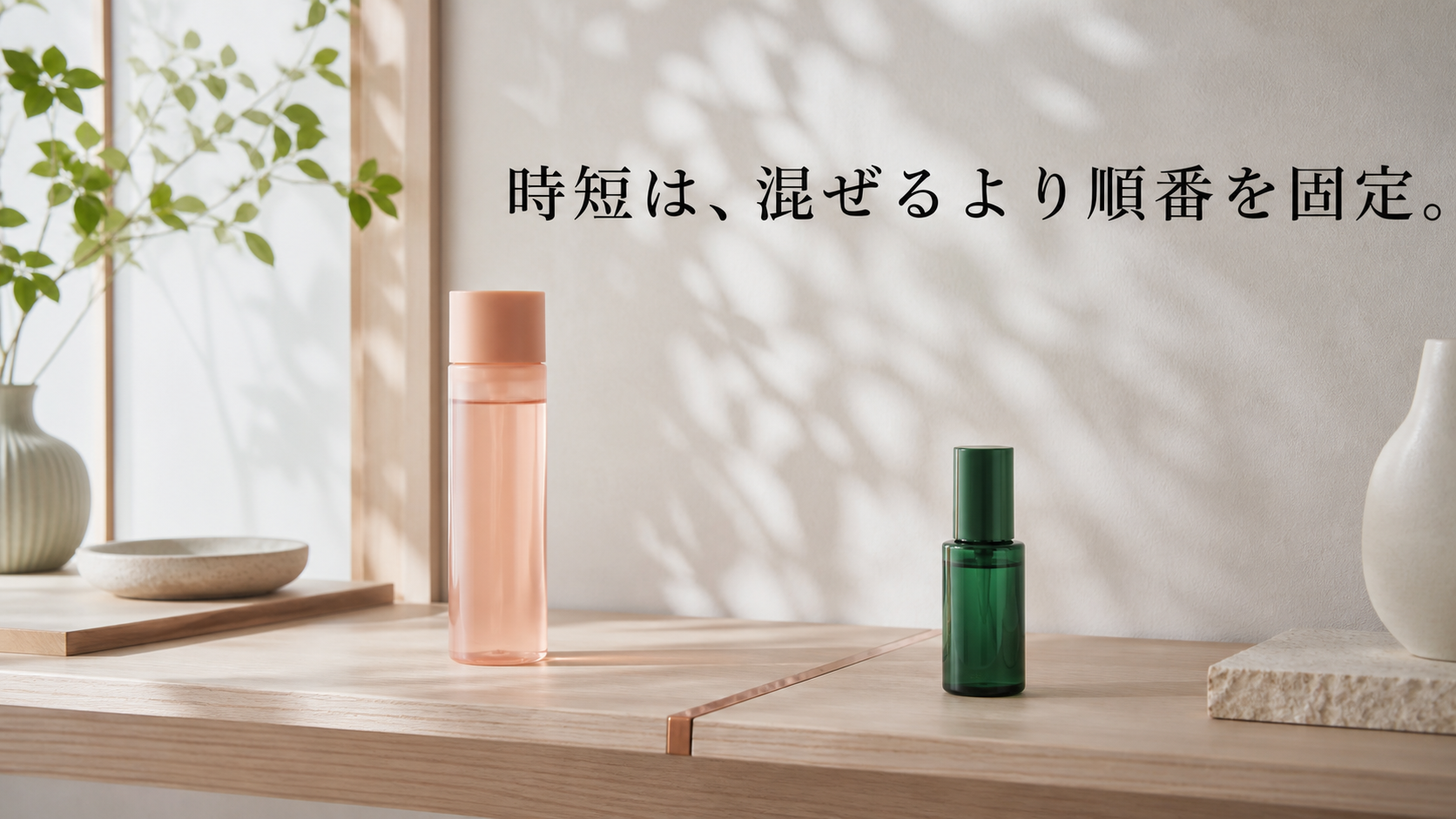 朝の棚に閉じた化粧水と美容液を間隔を空けて使用順に並べた明るい静物写真