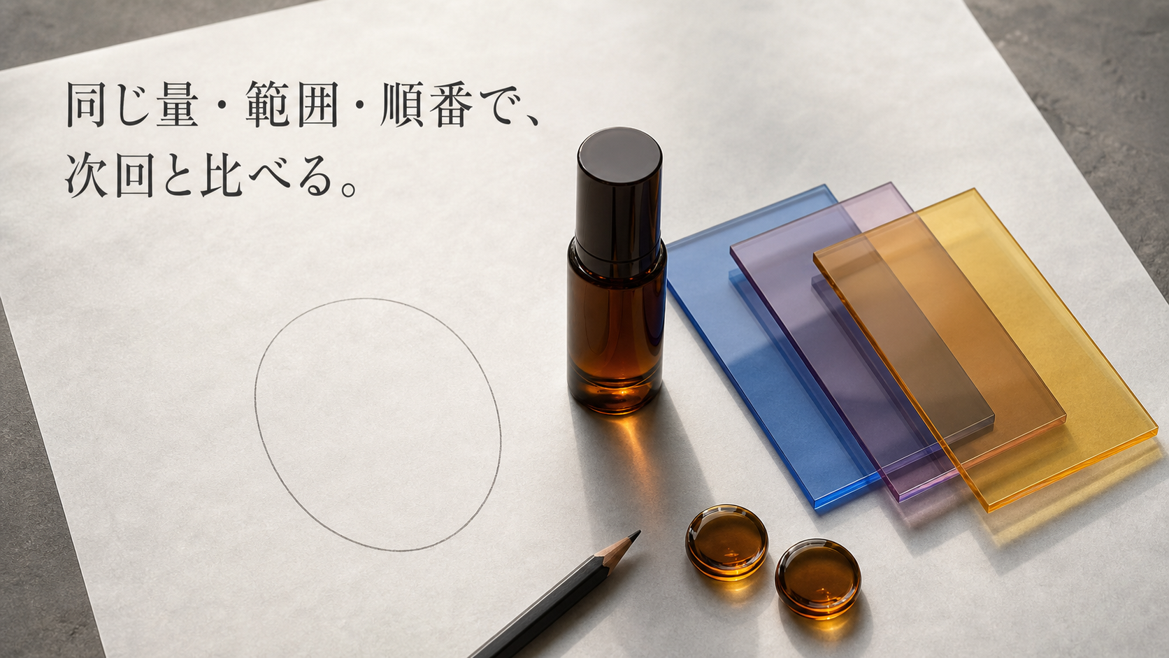美容液、塗布範囲の型、順番を表す透明板、同じ量を象徴する同形トークンを並べた記録静物