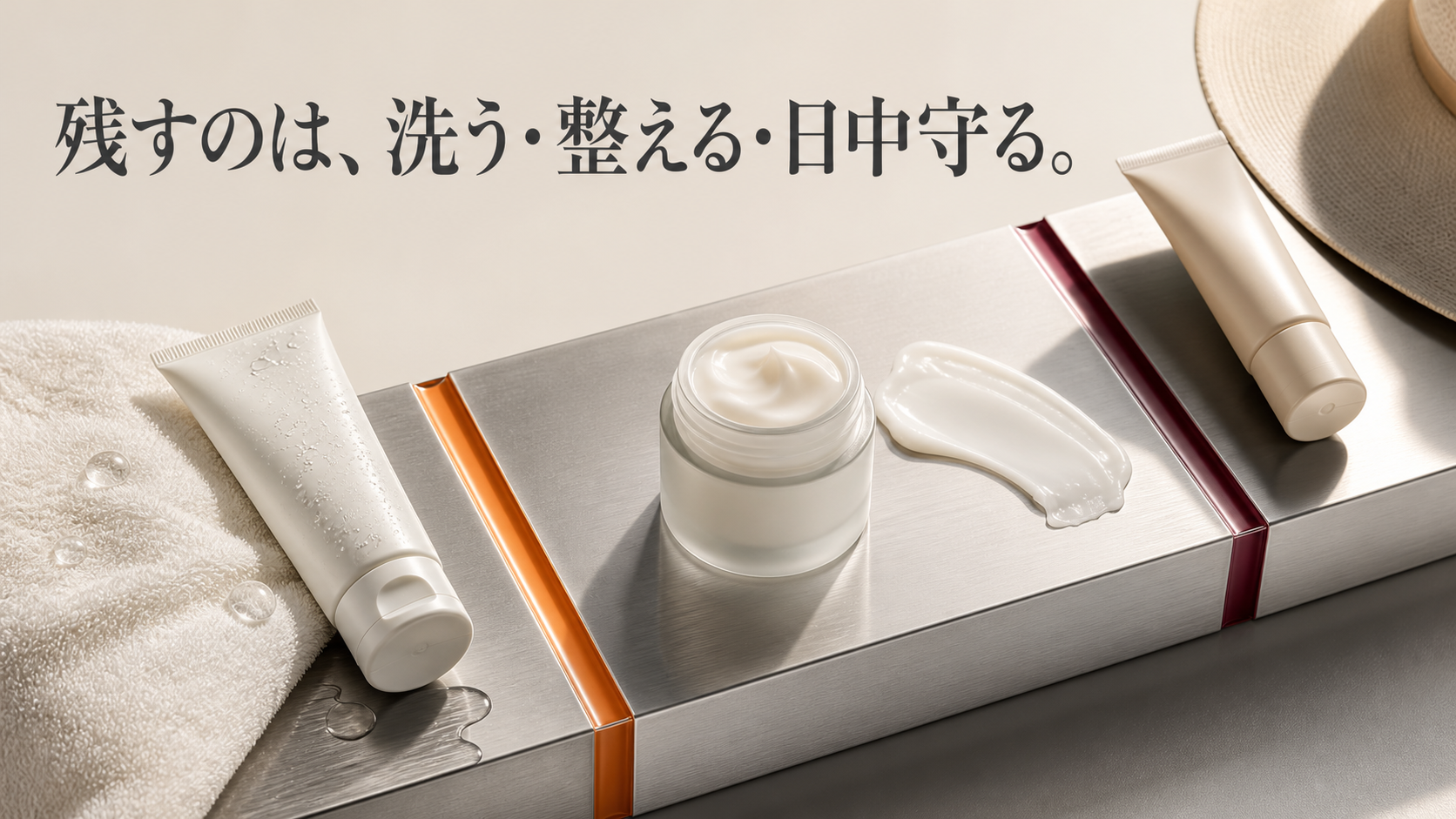 洗浄、保湿、紫外線対策を示す三つの物を一本のレールでつないだ物理展示図