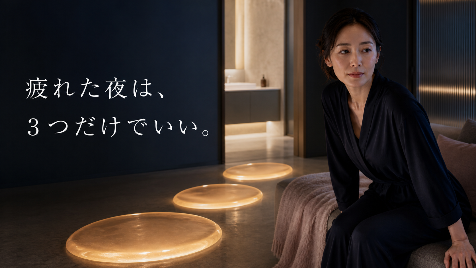 疲れた夜、ソファから暖かな洗面所へ向かおうとする30代女性と三つの光だまり