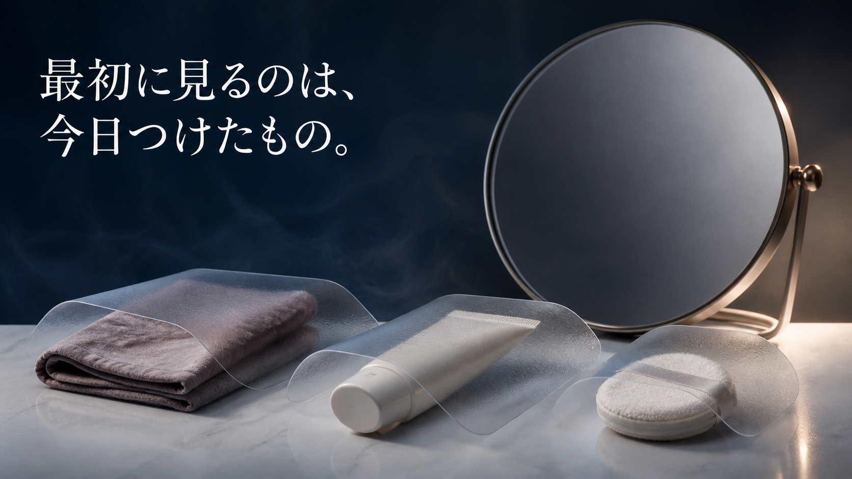 丸い鏡、日やけ止め、パフ、布で今日つけたものを確認する物理静物