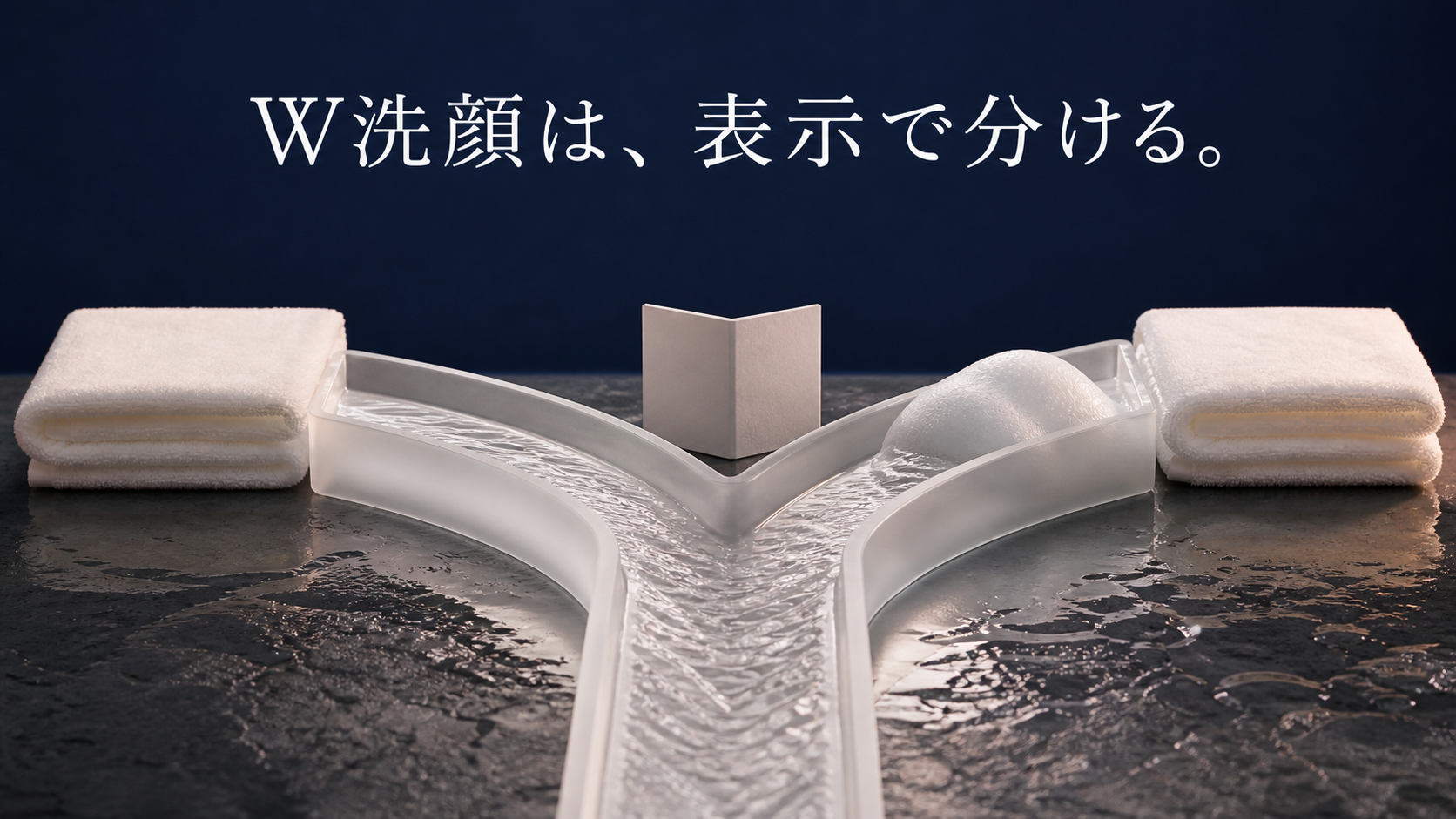 一つの水路が表示を表す折り目で二つの同等な出口へ分かれる乳白ガラスの模型
