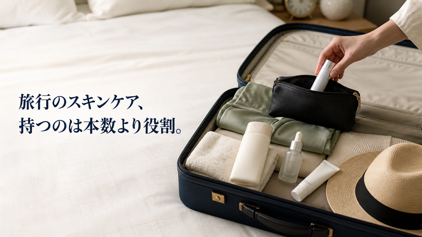 旅行前夜のベッドで開いたスーツケースへ役割の異なるスキンケアを詰める静物写真