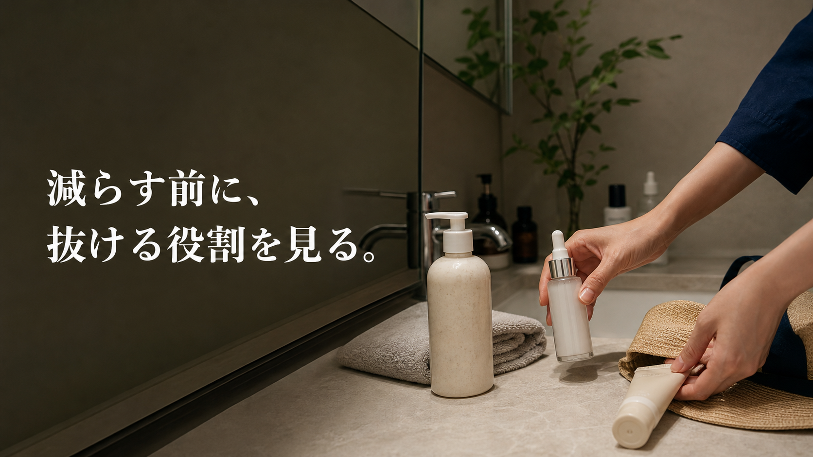 自宅の洗面台で落とす、整える、日中守る役割を確認している旅行前の手元
