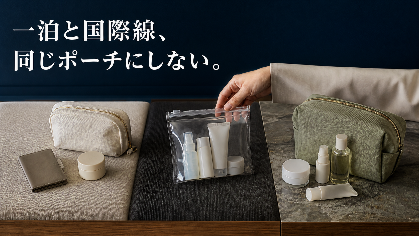 一泊、国際線、長めの旅行で異なるポーチと容器の持ち方を並べた実写比較