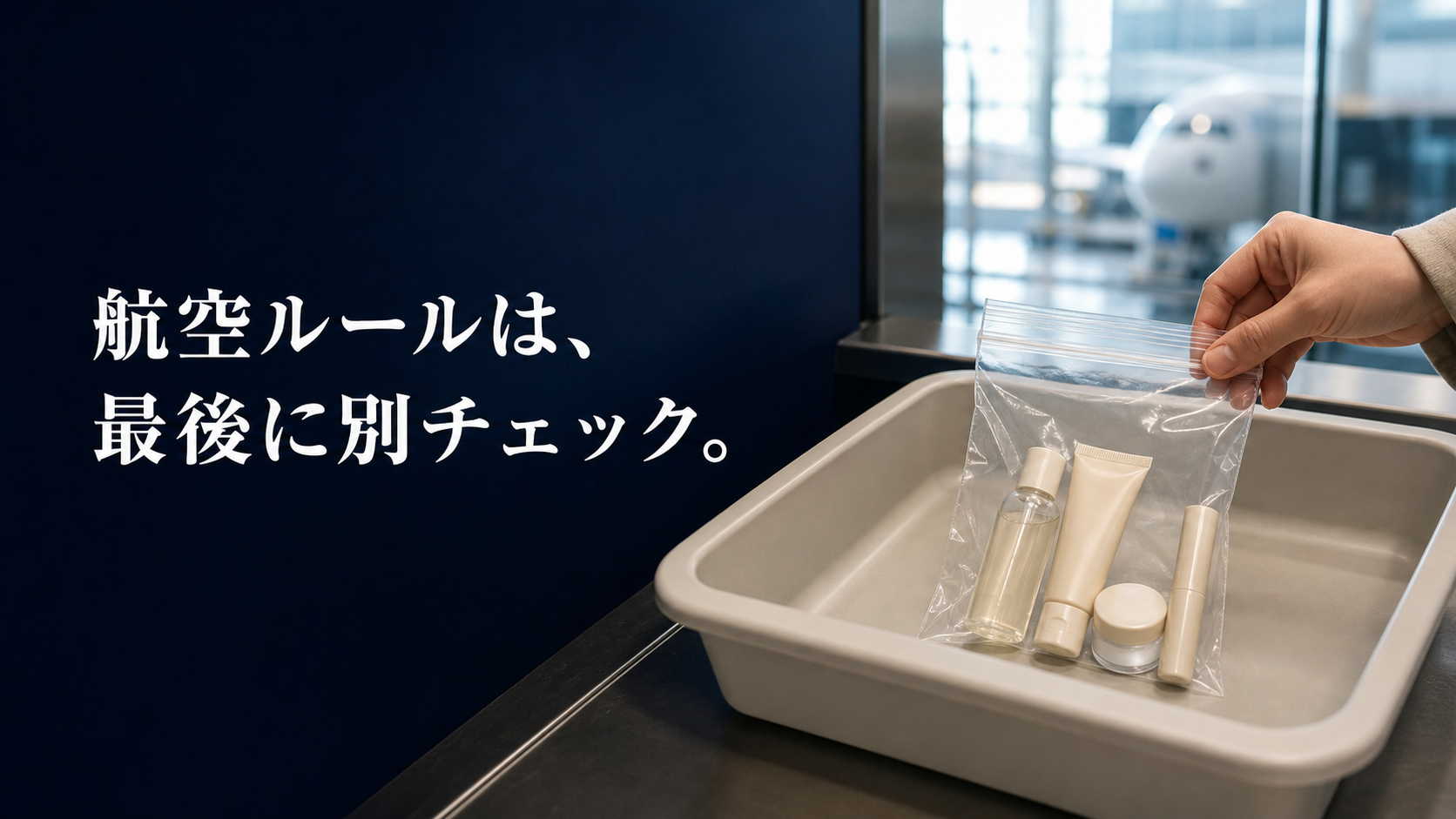 空港で無地容器を入れた透明な再封可能袋を保安トレー上で確認する手元