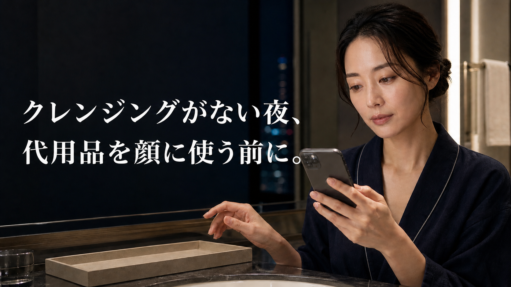 ホテルの洗面所でアメニティに手を伸ばす前にスマートフォンで製品表示を確認する女性