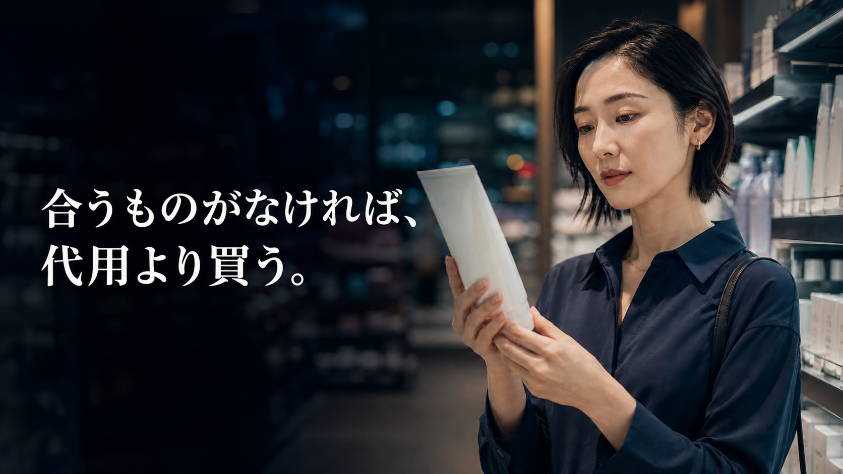 夜の美容売り場で顔用クレンジングの無地パッケージ裏面を読む女性