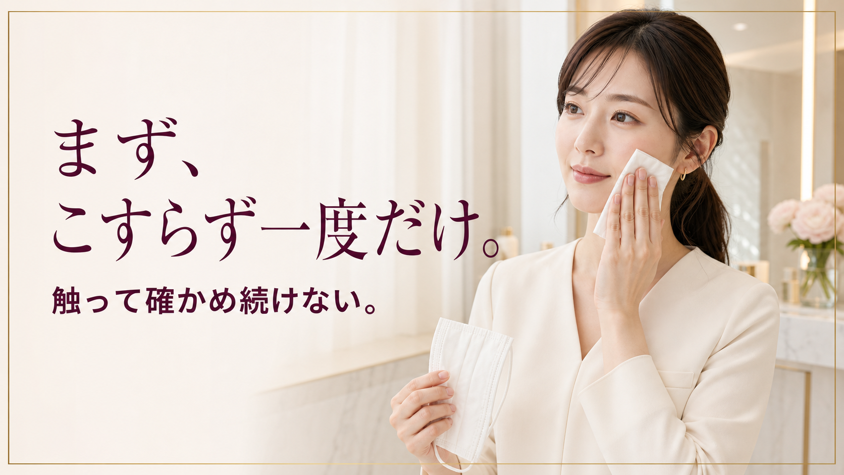 清潔なティッシュを頬へ一度だけそっと当てる女性の手元