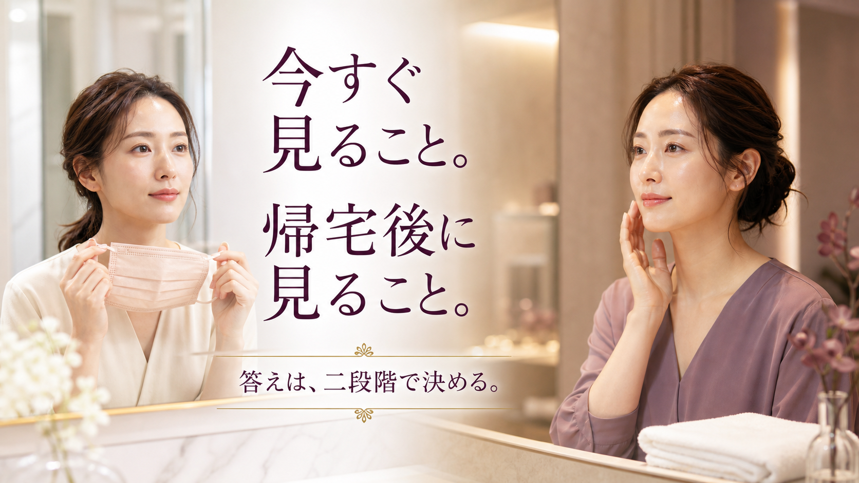 昼にマスクを外した場面と夜の洗面台を分けて示したビジュアル