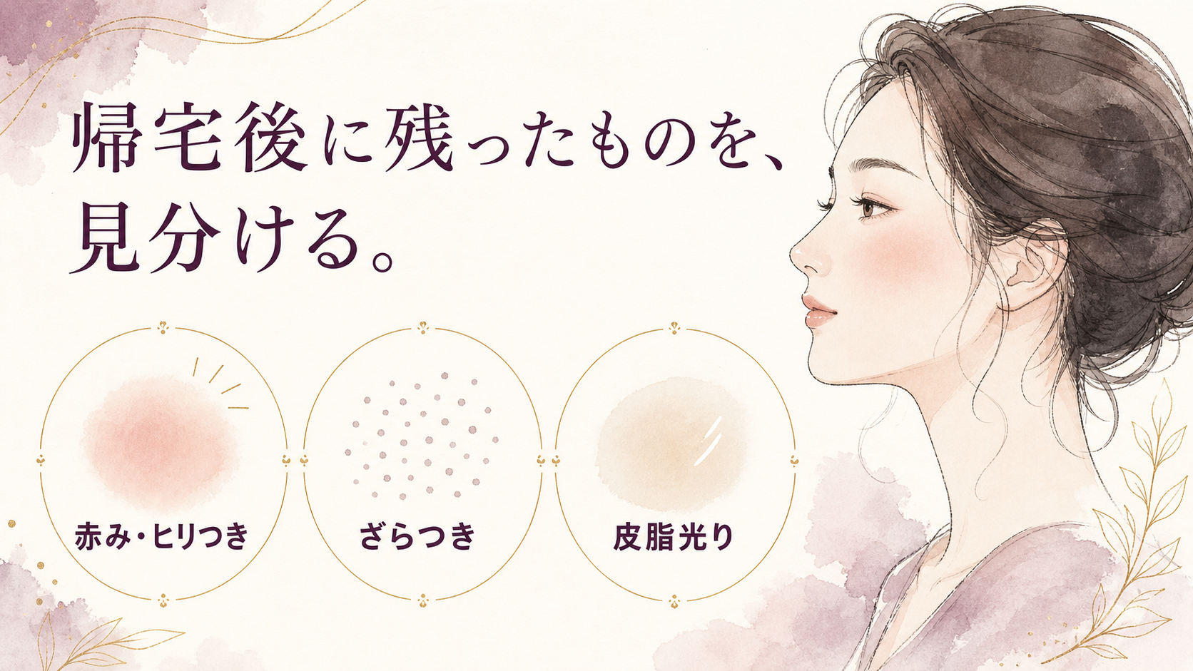 帰宅後に残る赤み、ざらつき、皮脂光りを三つに分けた美容イラスト