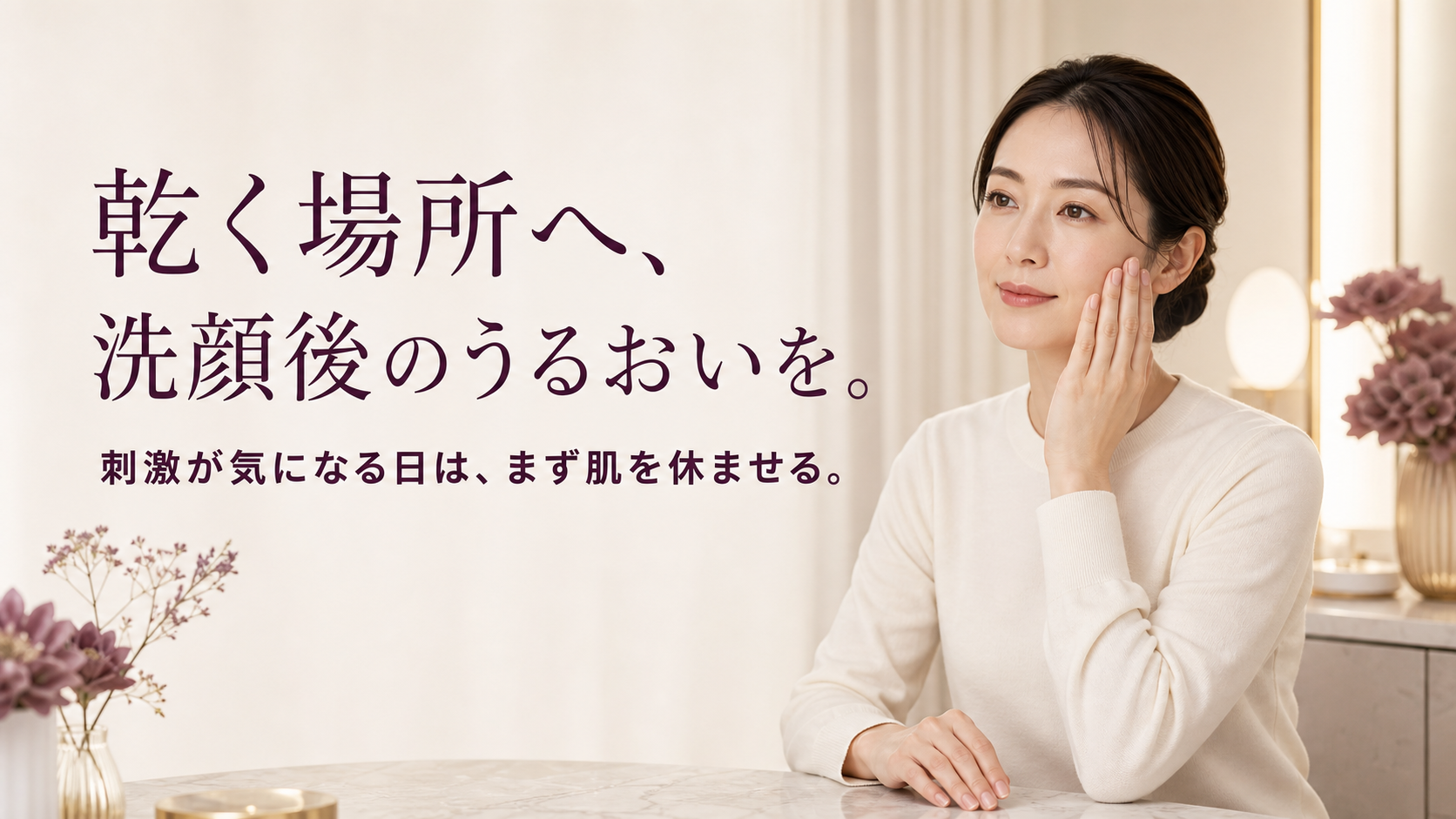 夜の洗顔後に頬へ美容液をやさしくなじませる女性