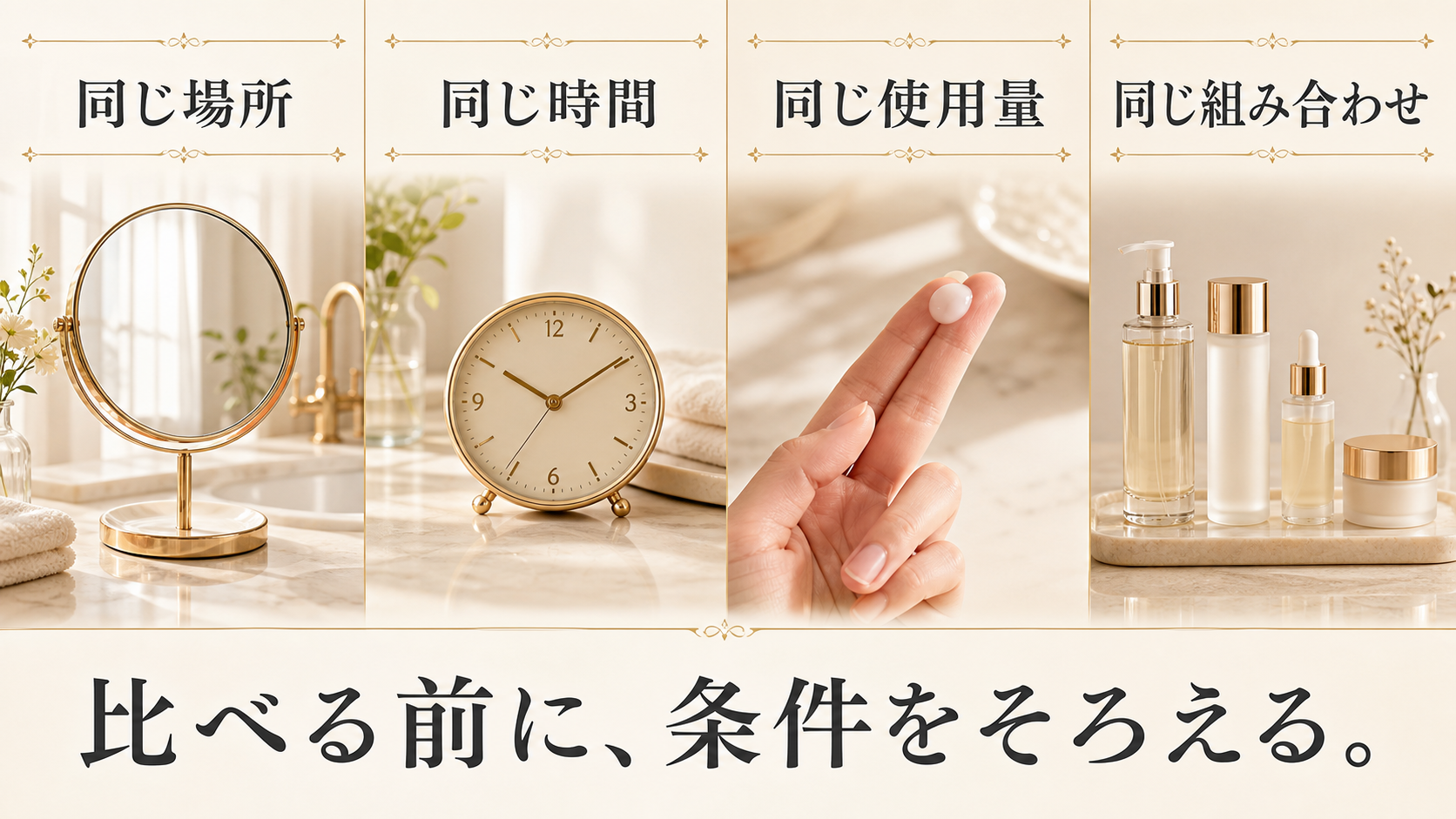 場所、時間、使用量、組み合わせの四条件をそろえる図解
