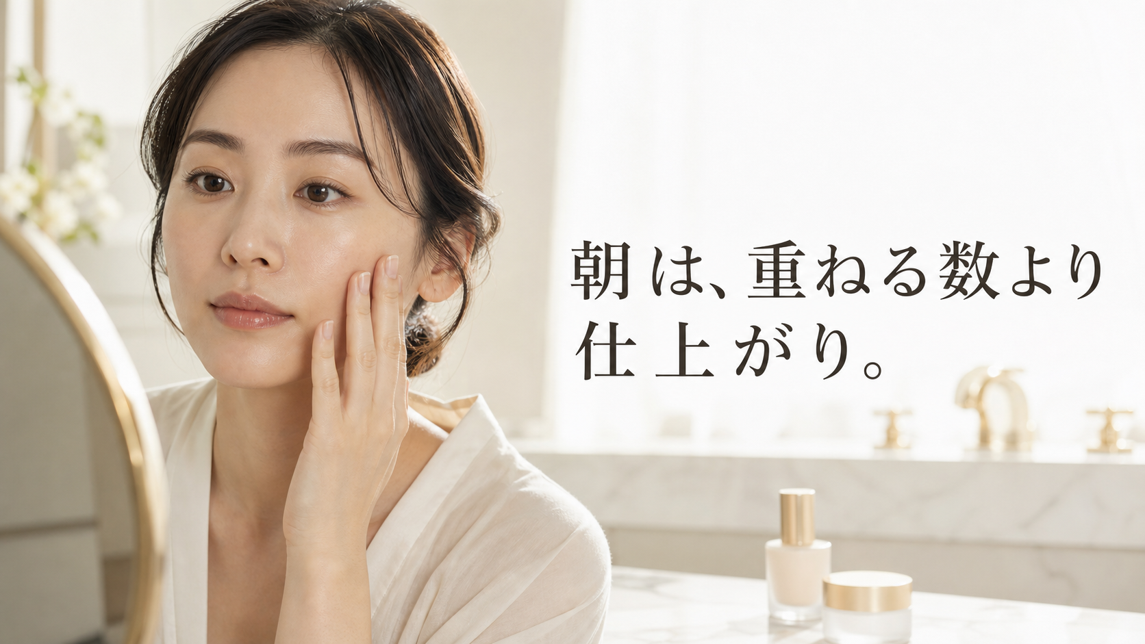 朝の洗面台で日やけ止めとメイク前の仕上がりを確認する女性