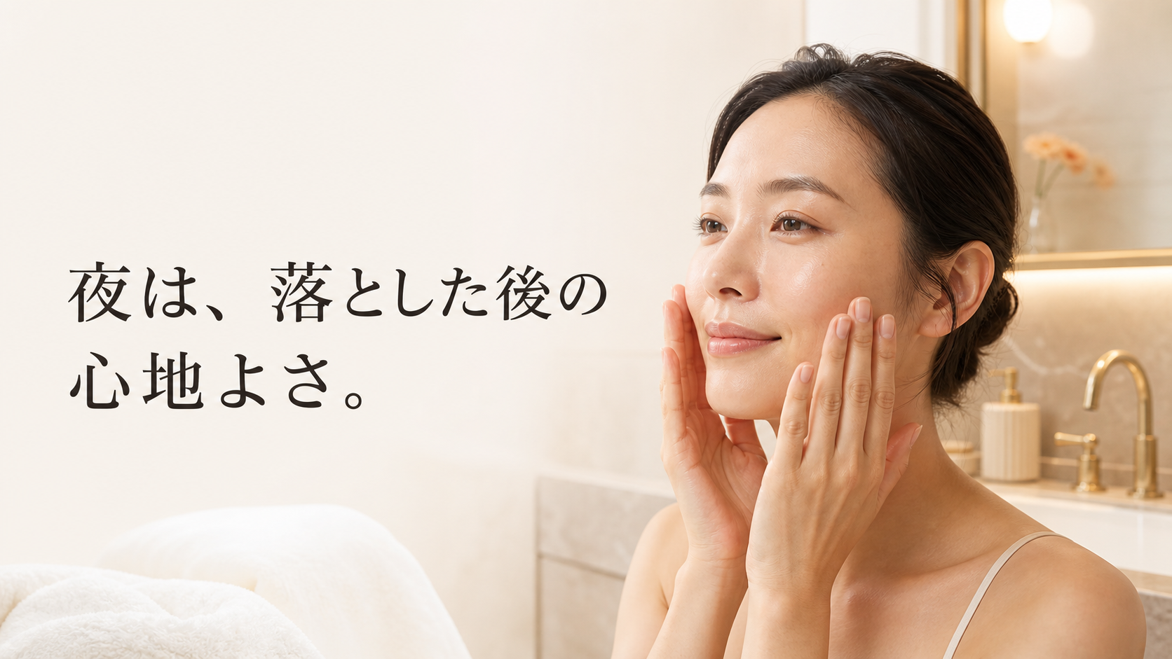夜の洗面台で洗顔後に保湿へ移る女性