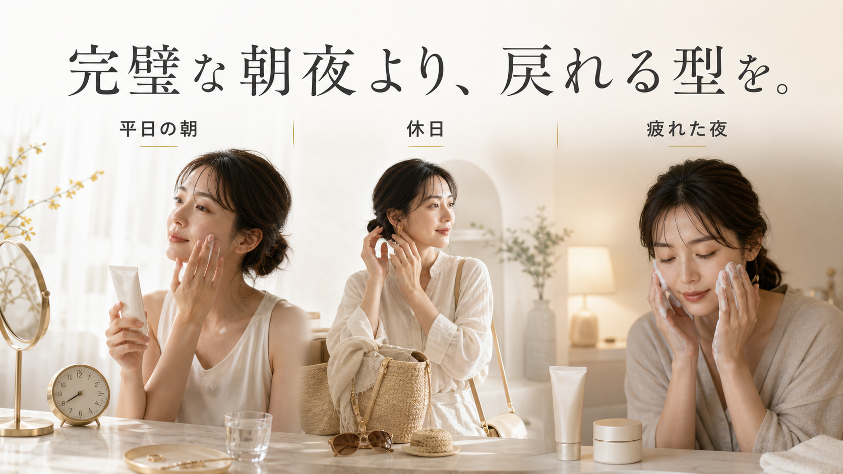 平日朝、休日、疲れた夜の三つの生活場面