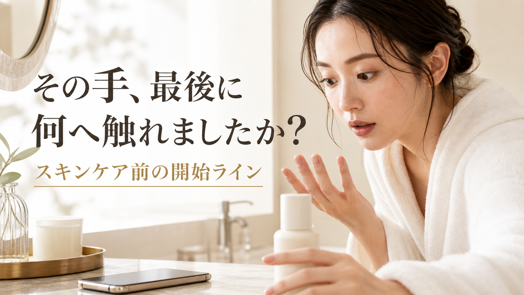洗面台でスマートフォンを置き、自分の手に気づく30代女性