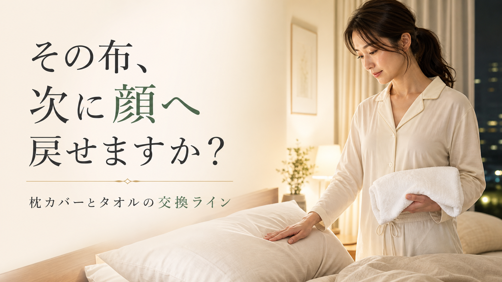 寝室で枕カバーと顔用タオルの交換時期を考える30代女性