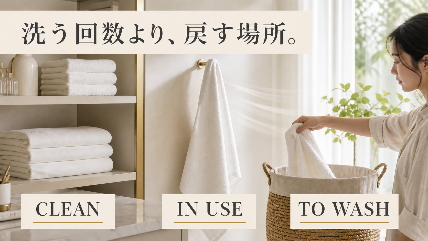 清潔、使用中、洗濯待ちに分けた三つのリネン置き場