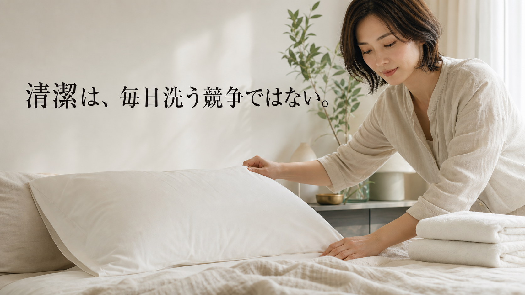 清潔な枕カバーと完全に乾いたタオルを整える30代女性