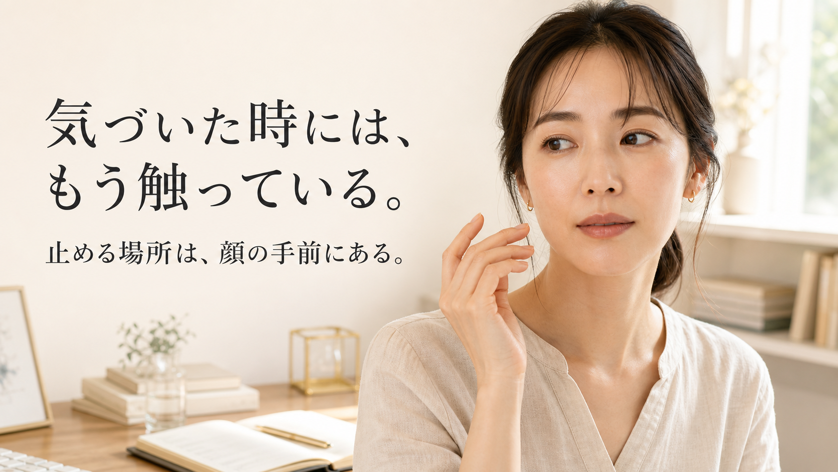 仕事中に頬へ向かう手を止める30代女性