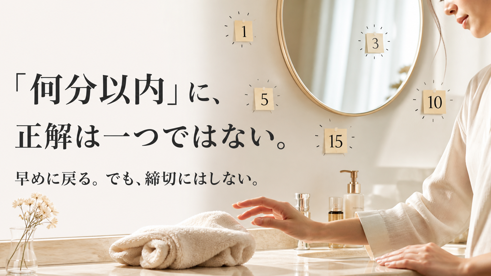 異なる保湿時間の目安と早めに戻る考え方を示す図解
