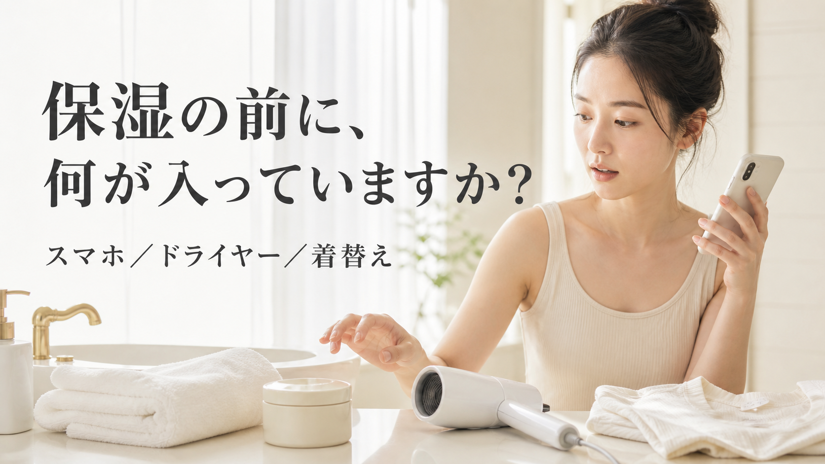 保湿前へ入りやすいスマホ、ドライヤー、着替えの三つの割り込み