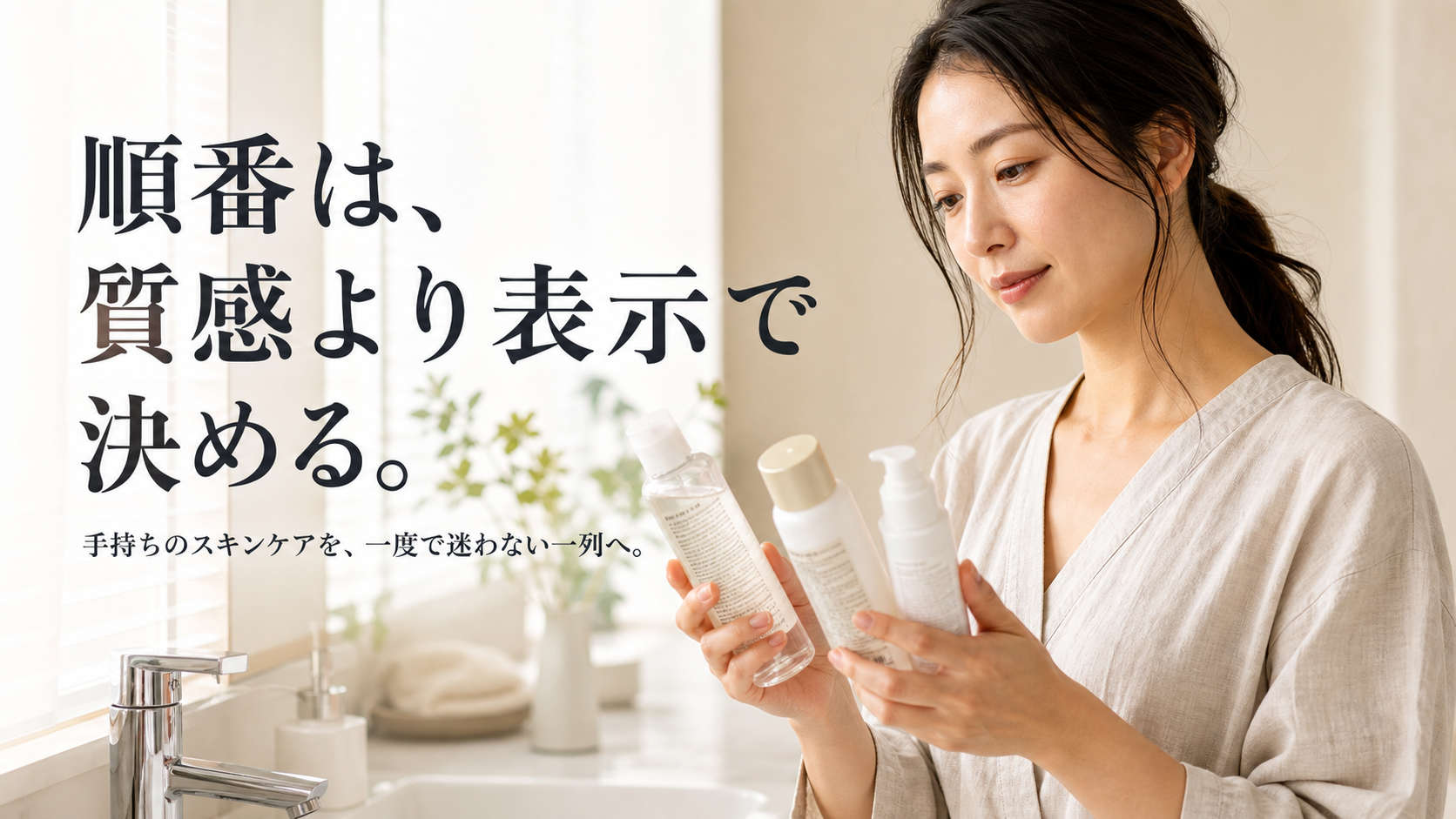 洗面台で複数のスキンケア商品の表示を見比べる30代女性