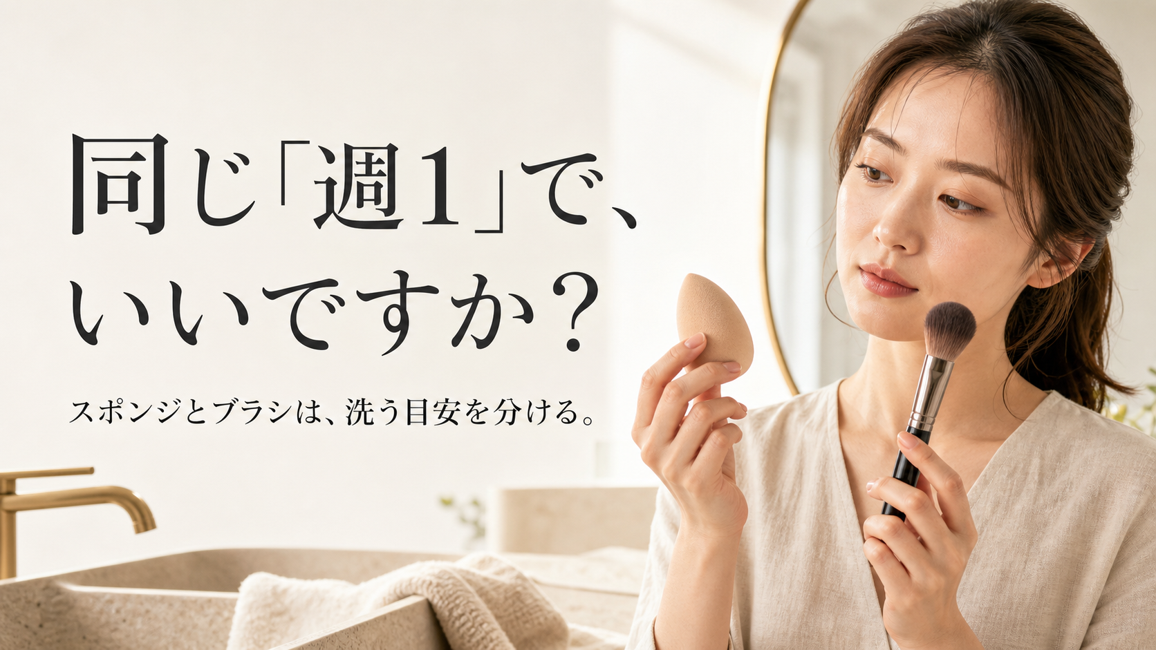 メイクスポンジとブラシを持ち、洗う頻度を考える女性