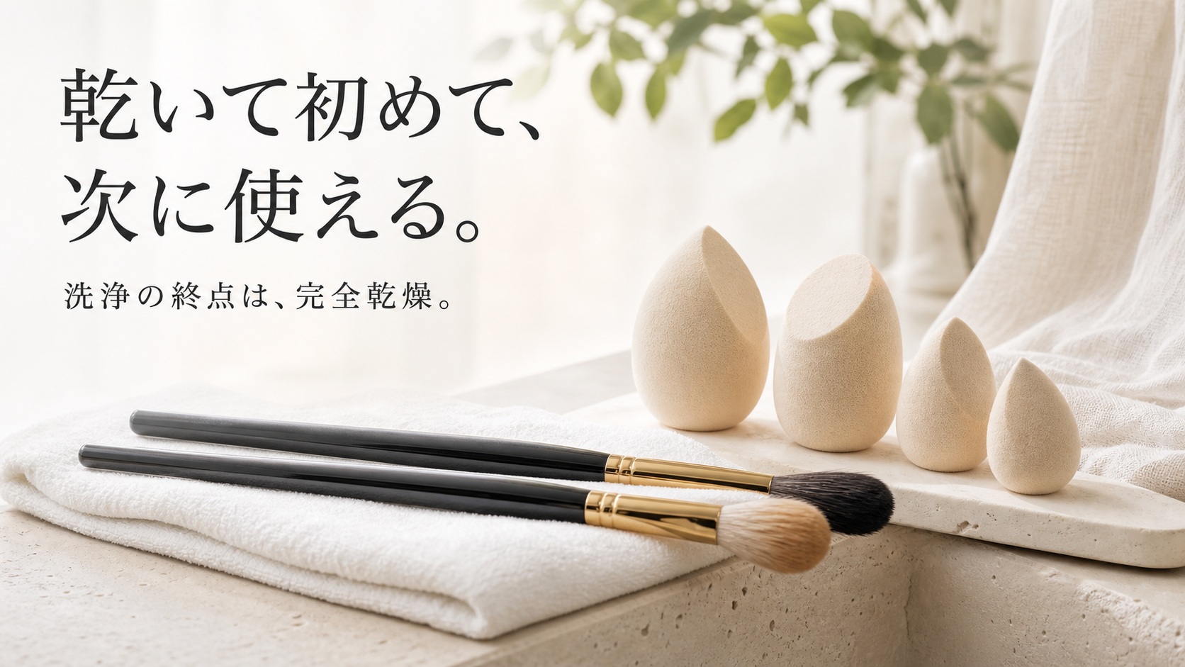 スポンジを立て、ブラシを横向きに乾かす様子