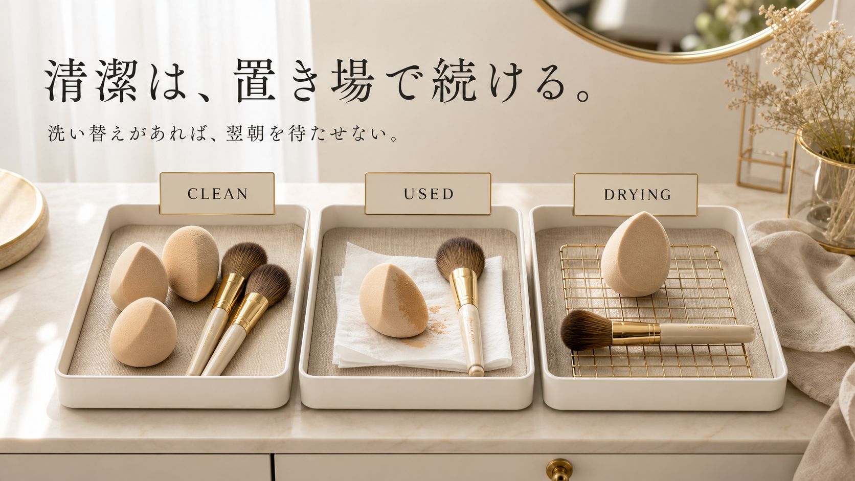 清潔、使用済み、乾燥中の三つの置き場へメイク道具を分けた様子