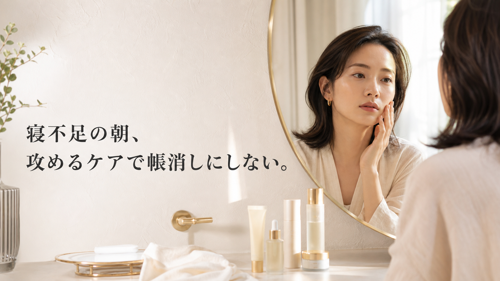 寝不足の翌朝、複数のケア用品を前に肌を確認する女性