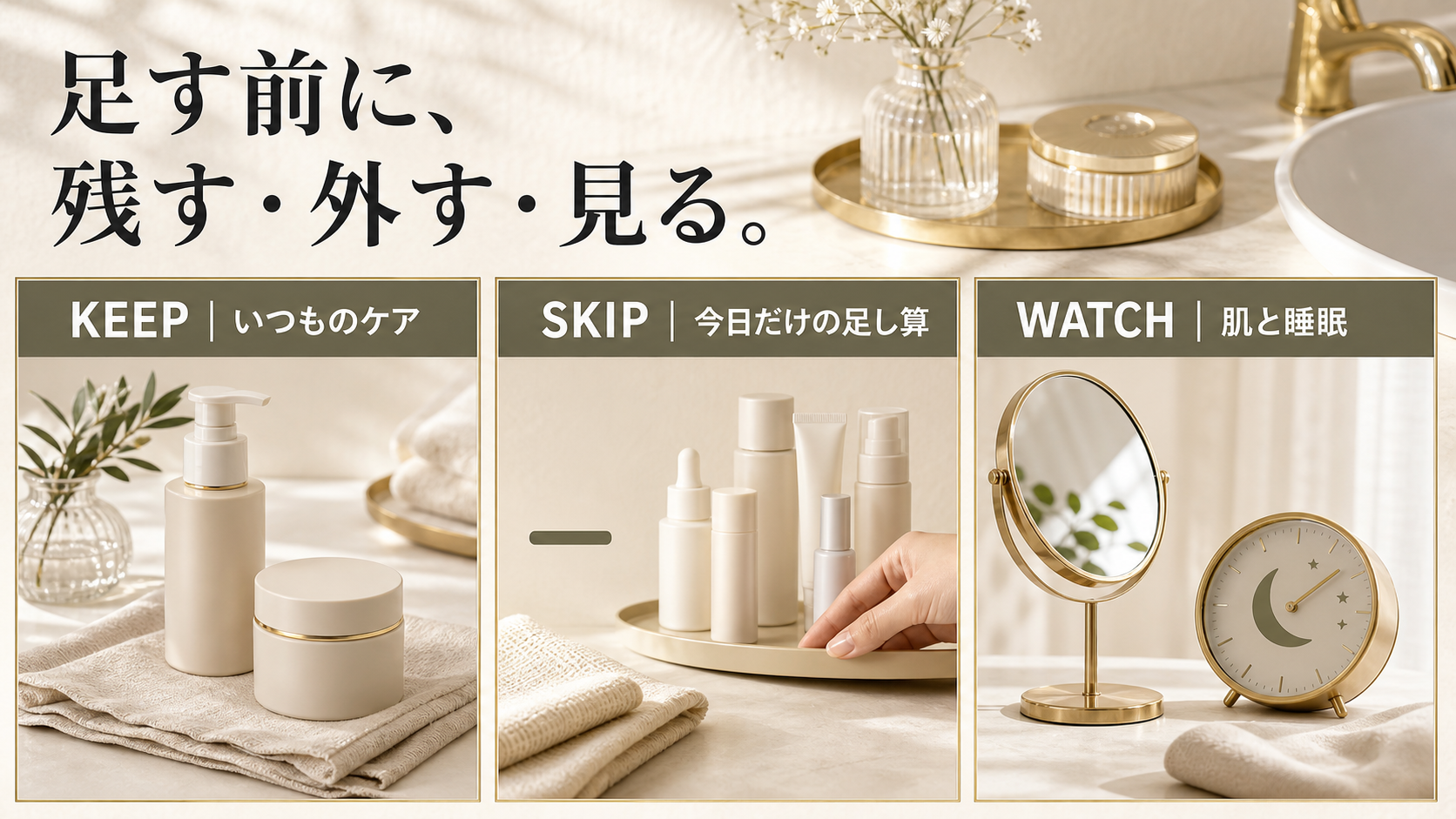寝不足の朝のケアを残す、外す、見るに分ける図