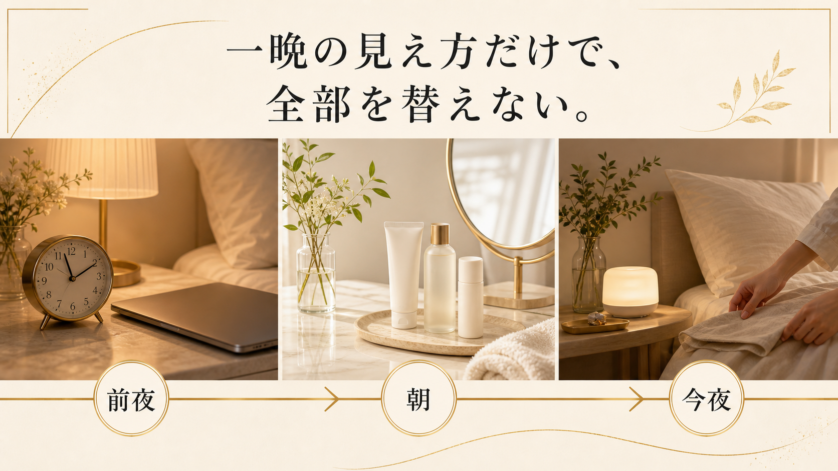 前夜、朝、今夜の時間軸で肌と睡眠を見直す図
