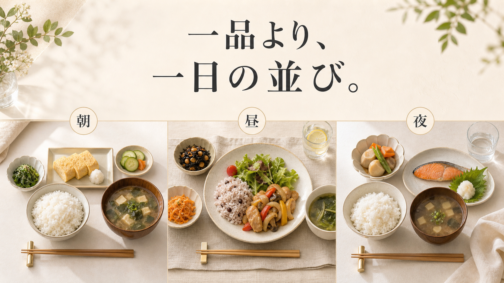 朝昼夜の食事全体を一日の並びで振り返る図